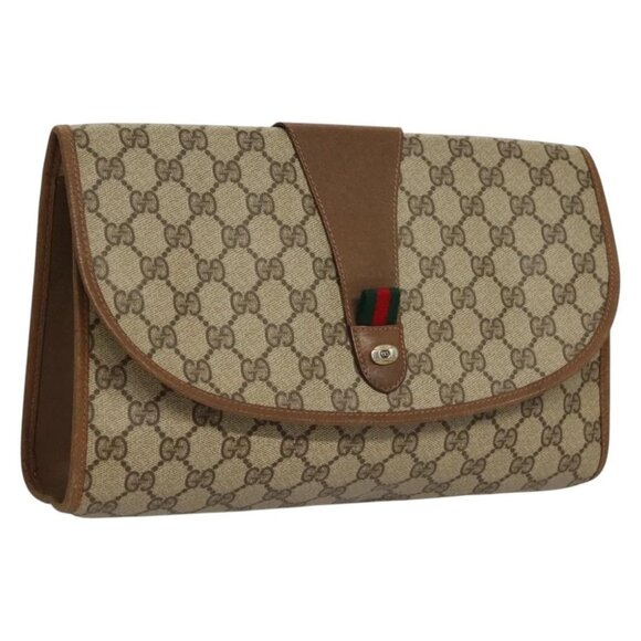 GUCCI GG Supreme Web Sherry Line Clutch Bag PVC Beige Gold - Picture 1 of 15